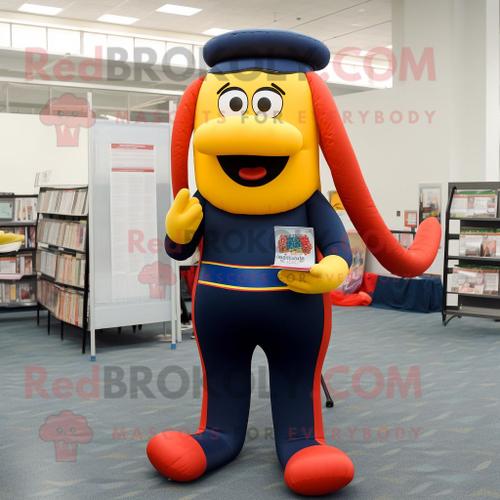 Mascotte Redbrokoly De Personnage De Hot-Dog Bleu Marine Habillé D'un Legging Et De Lunettes De Lecture