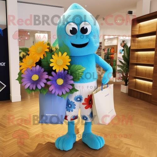 Personnage De Costume De Mascotte Redbrokoly Bouquet De Fleurs Bleu Ciel Habillé Avec Un Maillot De Bain Et Des Sacs Fourre-Tout