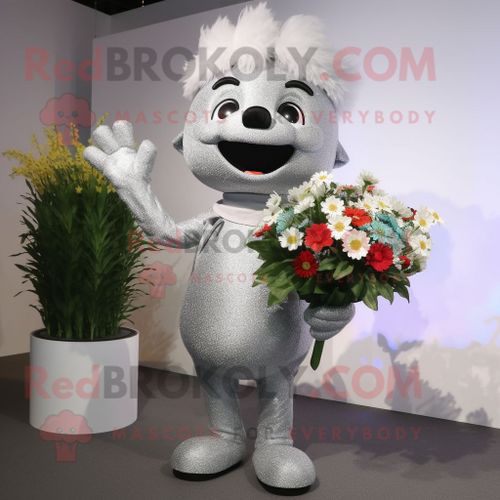 Costume De Mascotte Redbrokoly De Bouquet De Fleurs En Argent Habillé D'un T-Shirt À Col En V Et De Bonnets