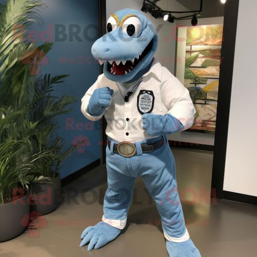 Costume De Mascotte Redbrokoly De Python Blanc Habillé D'une Chemise En Jean Et D'un Bracelet Montres