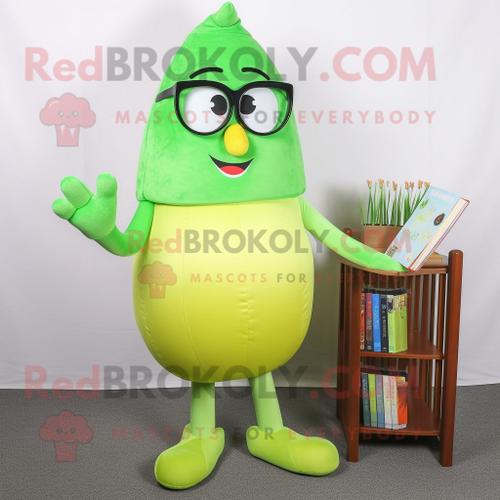 Personnage De Costume De Mascotte Redbrokoly Shakshuka Vert Citron Vêtu D'un Pantalon De Costume Et De Lunettes De Lecture