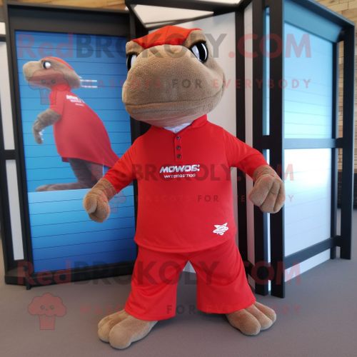 Personnage De Costume De Mascotte Redbrokoly De Dragon De Komodo Rouge Habillé D'un Short De Bain Et De N?uds Papillon