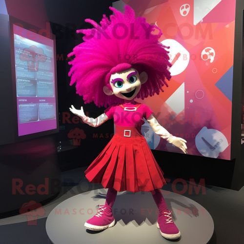 Personnage De Costume De Mascotte Redbrokoly Acrobate Magenta Habillé D'une Robe Trapèze Et De Pinces À Cheveux