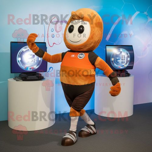Personnage De Costume De Mascotte Redbrokoly De Ballon De Rugby Rouille Habillé D'un Pantalon De Yoga Et De Montres Numériques