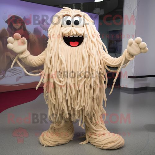 Mascotte Redbrokoly De Personnage De Spaghetti Beige Habillé D'un Manteau Et De Bracelets De Cheville