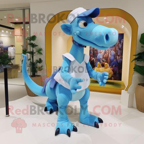 Personnage De Costume De Mascotte Redbrokoly Parasaurolophus Bleu Ciel Habillé D'une Robe Et De Sacs De Messager