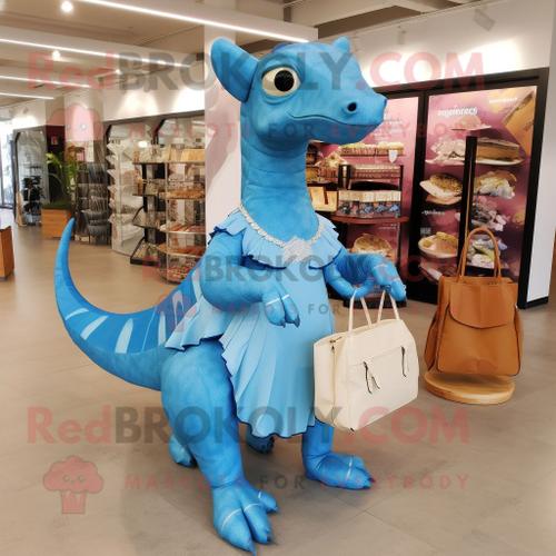 Personnage De Costume De Mascotte Redbrokoly Parasaurolophus Bleu Ciel Habillé D'une Robe Et De Sacs De Messager