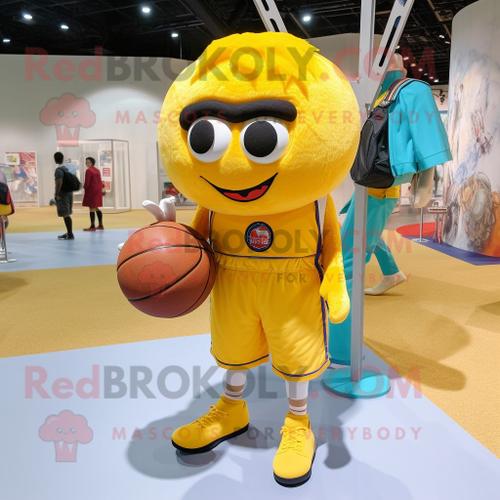 Personnage De Costume De Mascotte Redbrokoly De Ballon De Basket Jaune Habillé D'un Bermuda Et De Sacs Messenger