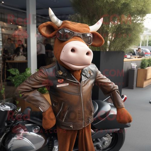 Personnage De Costume De Mascotte Redbrokoly De Vache Jersey Marron Habillé D'une Veste De Motard Et De Sacs À Main