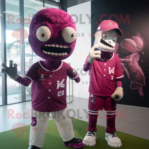 Personnage De Costume De Mascotte Redbrokoly De Zombie Magenta Habillé D'un Tee-Shirt De Baseball Et De Montres Intelligentes