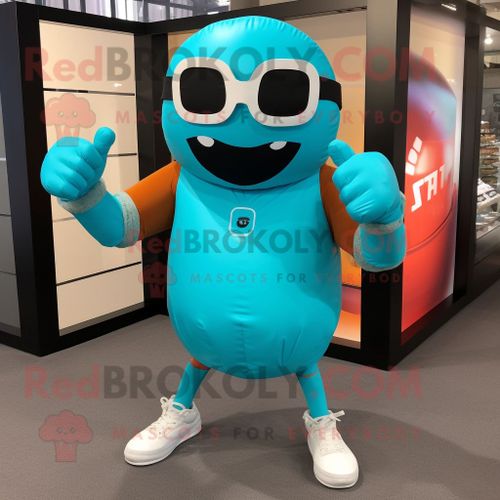 Personnage De Costume De Mascotte Redbrokoly De Gant De Boxe Turquoise Habillé D'un Débardeur Et De Lunettes De Soleil
