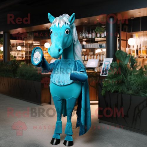 Mascotte Redbrokoly De Personnage De Cheval Turquoise Habillé D'une Robe De Cocktail Et De Gants