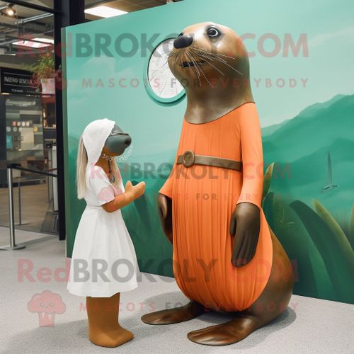Personnage De Costume De Mascotte Redbrokoly D'otarie De Rouille Habillé D'une Mini Robe Et De Montres