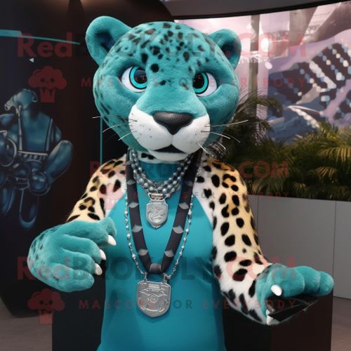 Personnage De Costume De Mascotte Redbrokoly De Léopard Bleu Sarcelle Habillé D'un Débardeur Et De Colliers