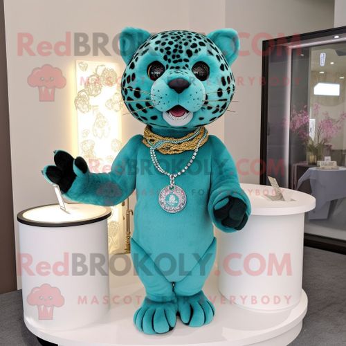Personnage De Costume De Mascotte Redbrokoly De Léopard Bleu Sarcelle Habillé D'un Débardeur Et De Colliers