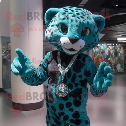Personnage De Costume De Mascotte Redbrokoly De Léopard Bleu Sarcelle Habillé D'un Débardeur Et De Colliers