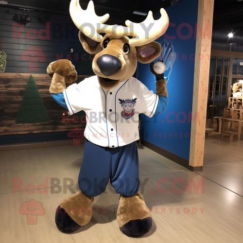 Personnage De Costume De Mascotte Redbrokoly Blue Moose Habillé Avec Un Tee-Shirt De Baseball Et Des Pinces À Cheveux