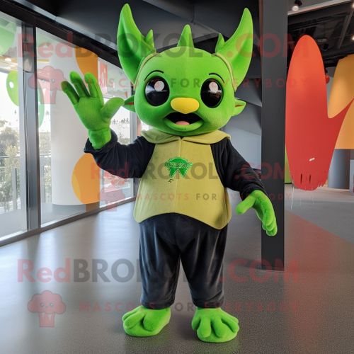 Personnage De Costume De Mascotte Redbrokoly De Chauve-Souris Vert Citron Vêtu D'un Jean Évasé Et De Mitaines