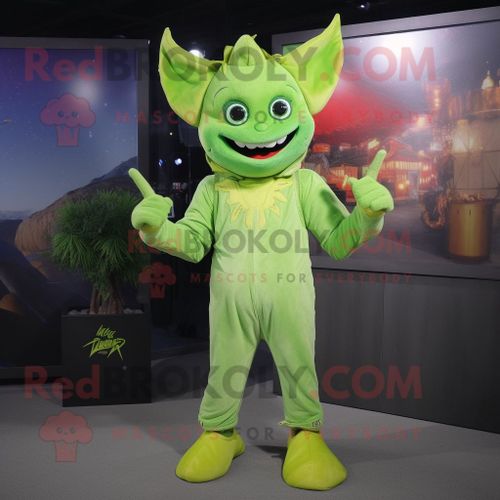 Personnage De Costume De Mascotte Redbrokoly De Chauve-Souris Vert Citron Vêtu D'un Jean Évasé Et De Mitaines