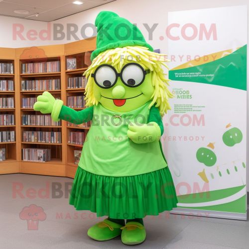 Personnage De Costume De Mascotte Redbrokoly De Drapeau Irlandais Vert Citron Vêtu D'une Jupe Plissée Et De Lunettes De Lecture