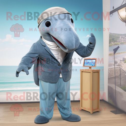 Personnage De Costume De Mascotte Redbrokoly De Baleine Grise Habillé D'une Barboteuse Et D'épingles À Cravate