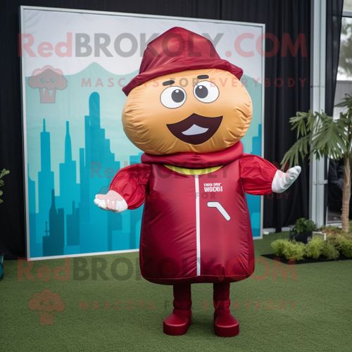 Personnage De Costume De Mascotte Redbrokoly De Hamburger Marron Habillé D'un Coupe-Vent Et De Bracelets De Cheville