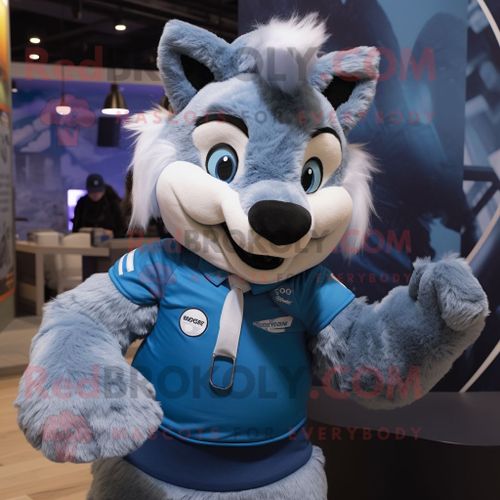 Mascotte Redbrokoly De Personnage Bleu Say Wolf Habillé D'un Chemisier Et De Mitaines