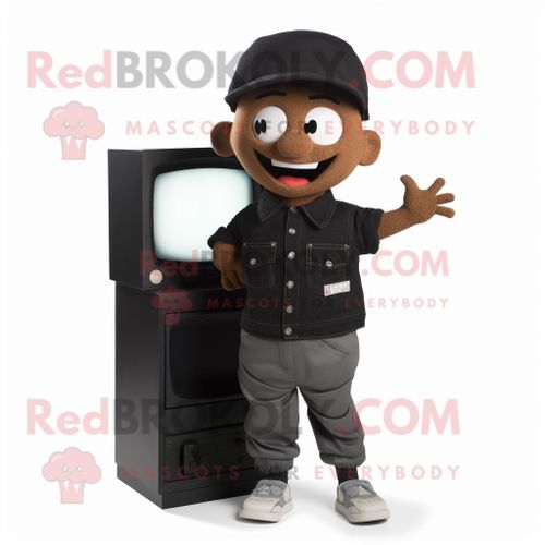 Personnage De Costume De Mascotte Redbrokoly De Télévision Noire Habillé D'un Short Cargo Et De Bonnets