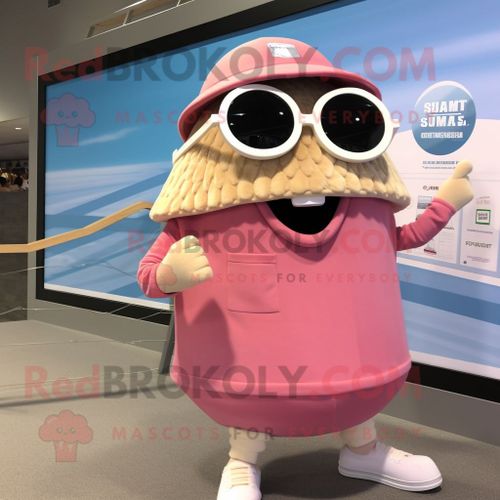 Personnage De Costume De Mascotte Redbrokoly Rose Clam Chowder Habillé Avec Un Short De Bain Et Des Lunettes