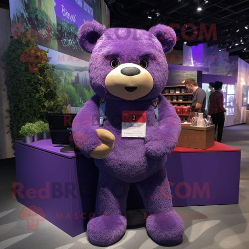 Personnage De Costume De Mascotte Redbrokoly D'ours En Peluche Violet Habillé D'un Pantalon Cargo Et De Pochettes