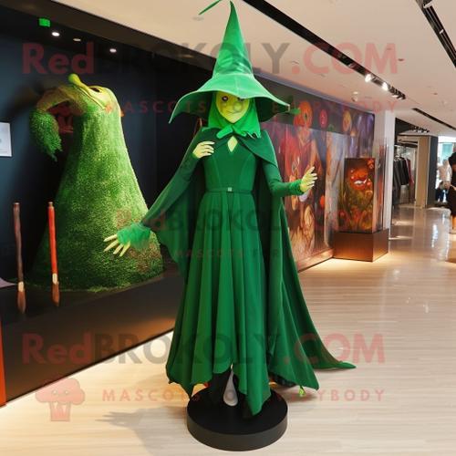 Personnage De Costume De Mascotte Redbrokoly De Chapeau De Sorcière Vert Forêt Habillé D'une Robe Fourreau Et De Broches