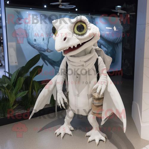 Mascotte Redbrokoly De Personnage De Dimorphodon Blanc Habillé D'une Parka Et De Pochettes