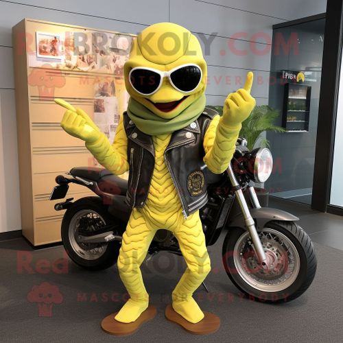 Personnage De Costume De Mascotte Redbrokoly De Python Jaune Citron Habillé D'une Veste De Motard Et De Porte-Clés