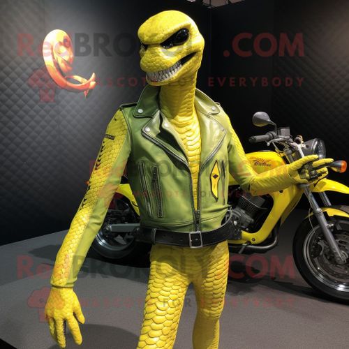 Personnage De Costume De Mascotte Redbrokoly De Python Jaune Citron Habillé D'une Veste De Motard Et De Porte-Clés