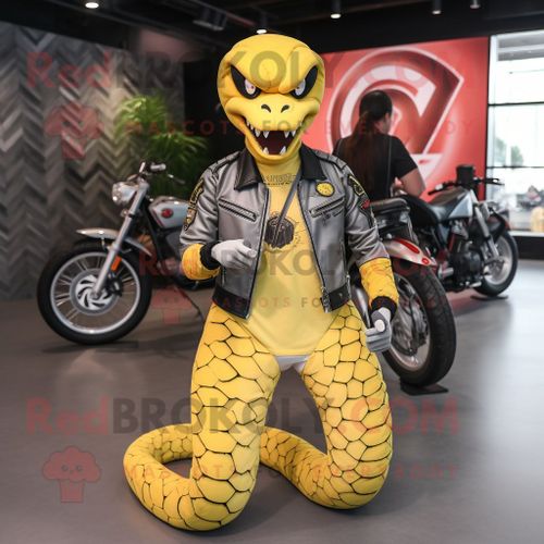 Personnage De Costume De Mascotte Redbrokoly De Python Jaune Citron Habillé D'une Veste De Motard Et De Porte-Clés