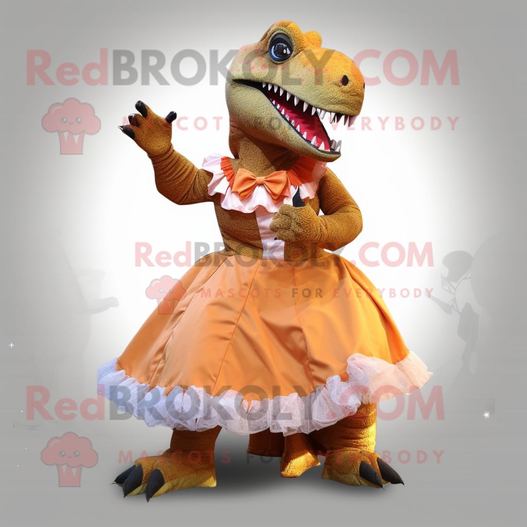 Personnage De Costume De Mascotte Redbrokoly De T Rex Marron Habillé D'une Robe De Bal Et De Pinces À Chaussures