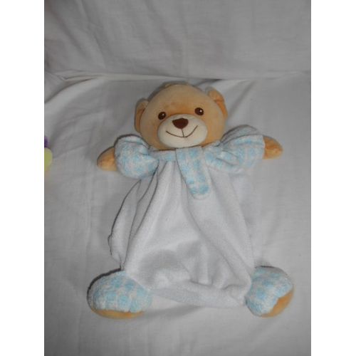 Nounours Ours Tendresse Echarpe Carreau Bleu Range Pyjama Sac Attache Lien A Suspendre Cachette Doudou