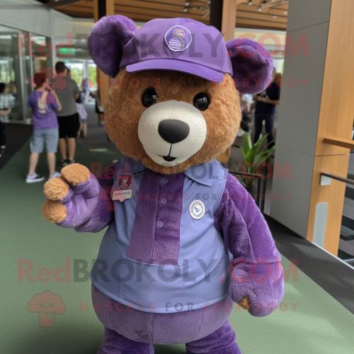 Personnage De Costume De Mascotte Redbrokoly Ours En Peluche Violet Habillé D'une Chemise Boutonnée Et De Casquettes