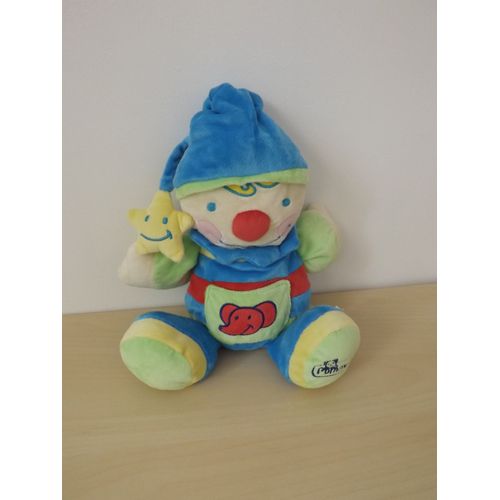 Peluche Doudou Clown Éléphant Bleu Vert Pommette