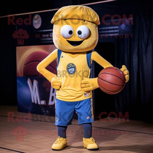 Personnage De Costume De Mascotte Redbrokoly De Ballon De Basket-Ball Doré Habillé D'un Jean Et D'écharpes
