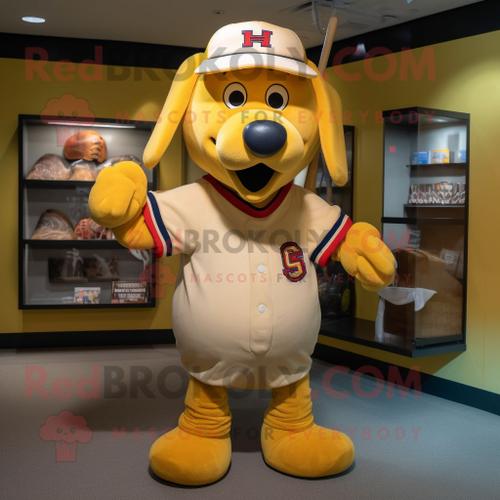 Personnage De Costume De Mascotte Redbrokoly Hot Dog Doré Habillé D'un Tee-Shirt De Baseball Et De Ceintures