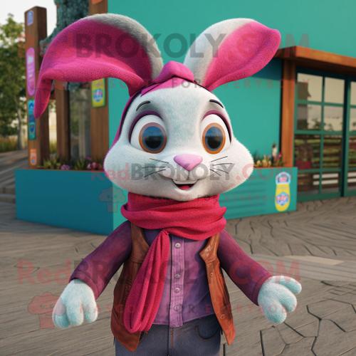 Personnage De Costume De Mascotte Redbrokoly De Lapin Sauvage Magenta Habillé D'un Short En Jean Et D'écharpes