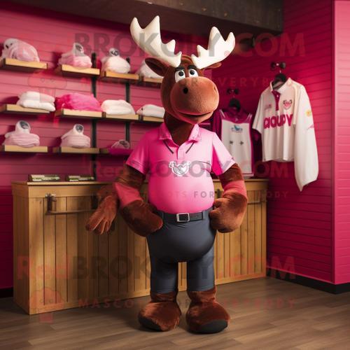 Personnage De Costume De Mascotte Redbrokoly D'orignal Rose Habillé D'un Maillot De Rugby Et De Bretelles