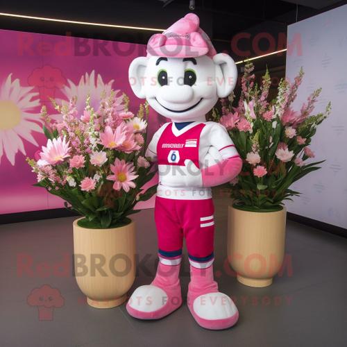 Personnage De Costume De Mascotte Redbrokoly De Bouquet De Fleurs Rose Habillé D'un Maillot De Rugby Et De Bracelets