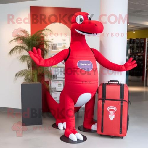 Personnage De Costume De Mascotte Redbrokoly De Diplodocus Rouge Habillé D'un Short De Bain Et De Porte-Documents