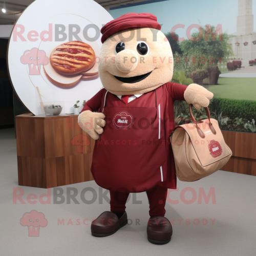 Personnage De Costume De Mascotte Redbrokoly De Bagels Marrons Habillé D'un Gilet Et De Sacs À Main