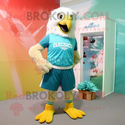 Personnage De Costume De Mascotte Redbrokoly D'aigle À Tête Blanche Turquoise Habillé D'un Short Et De Pochettes