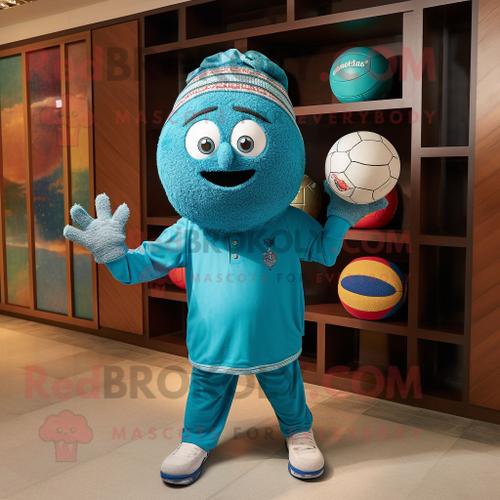 Personnage De Costume De Mascotte Redbrokoly De Balle De Handball Turquoise Habillé D'une Chemise Et De Bonnets