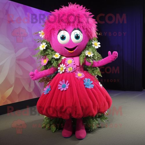 Magenta Bouquet De Fleurs Personnage De Costume De Mascotte Redbrokoly Habillé Avec Une Jupe Circulaire Et Des Cravates