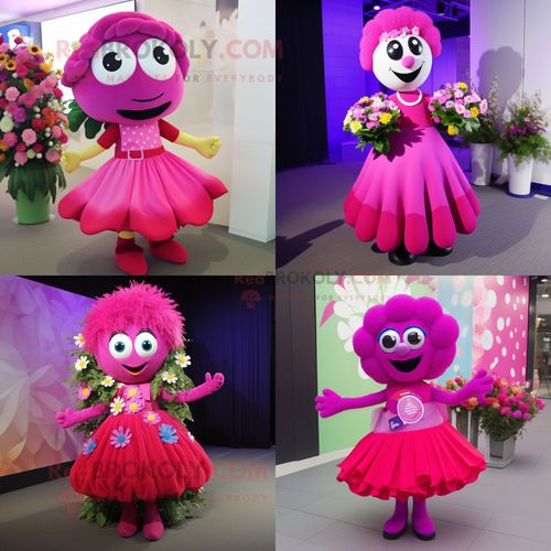 Magenta Bouquet De Fleurs Personnage De Costume De Mascotte Redbrokoly Habillé Avec Une Jupe Circulaire Et Des Cravates